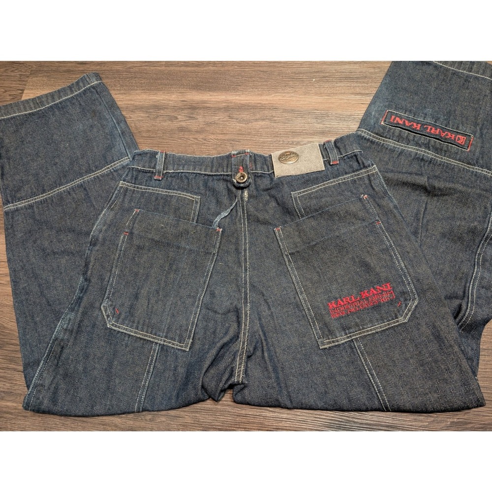 Vintage Karl‎ Kani Baggy Carpenter Barrel Jeans Dark Wash Blue Embroidered 32x29